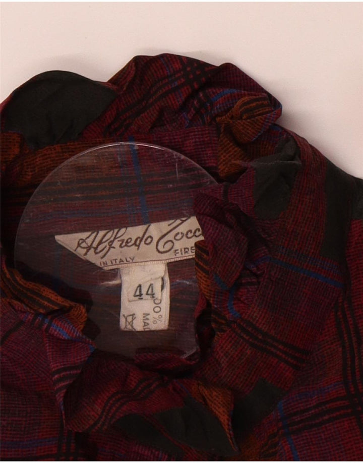 Vintage Womens Ruffle Front Shirt Blouse IT 44 Medium Brown Check Silk