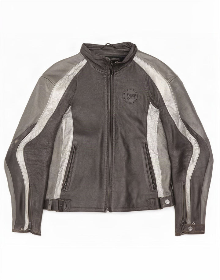 Vintage Mens Leather Racer Jacket IT 52 Large Black Colourblock