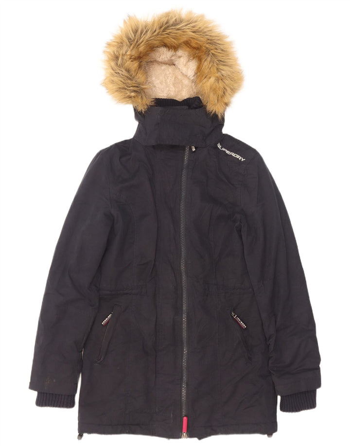 Superdry Womens Hooded Sherpa Parka Jacket UK 10 Small Navy Blue Polyester