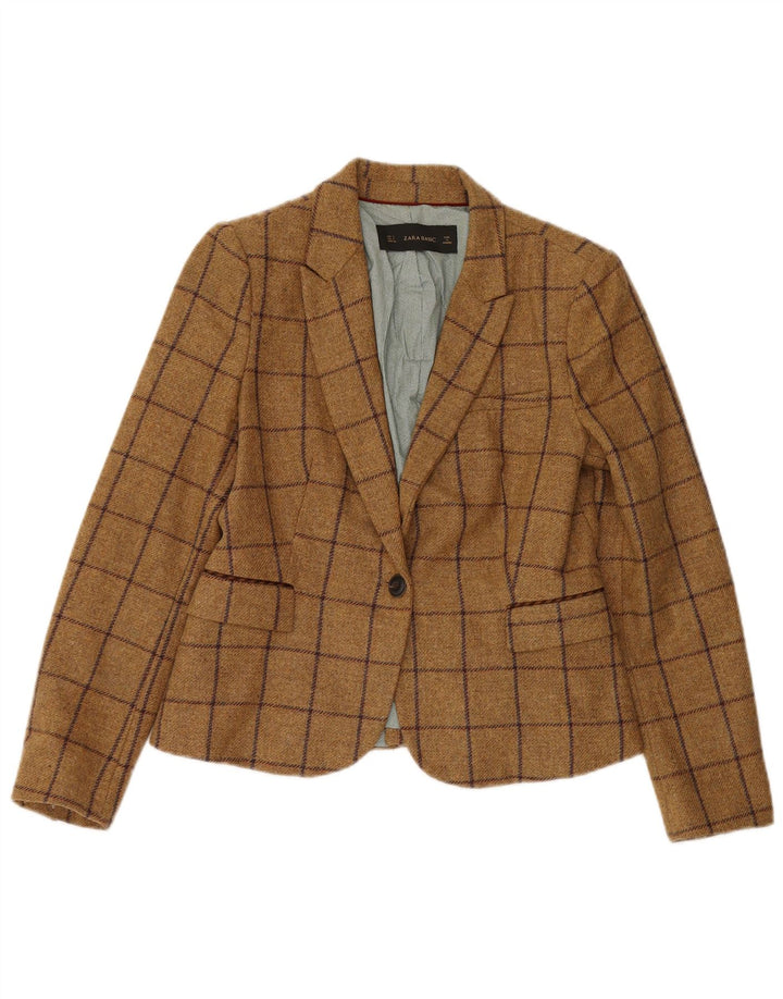 Zara Womens 1 Button Blazer Jacket UK 14 Large Brown Check Wool