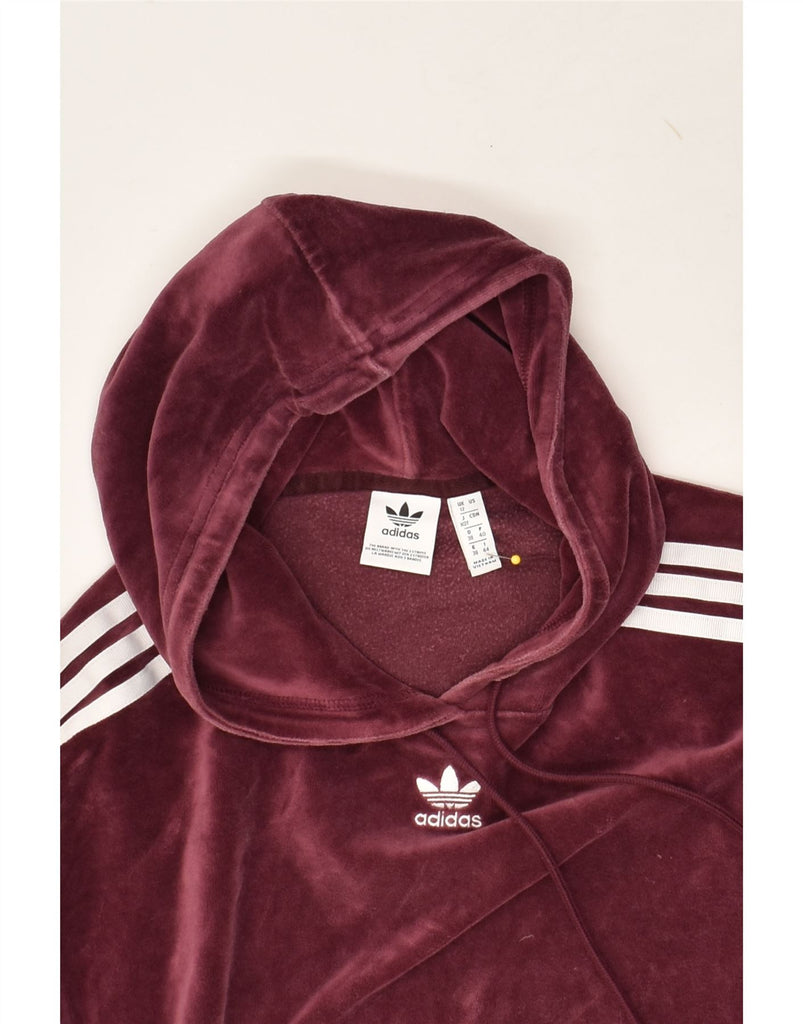 ADIDAS Womens Velour Hoodie Jumper UK 12 Medium  Maroon Cotton | Vintage Adidas | Thrift | Second-Hand Adidas | Used Clothing | Messina Hembry 