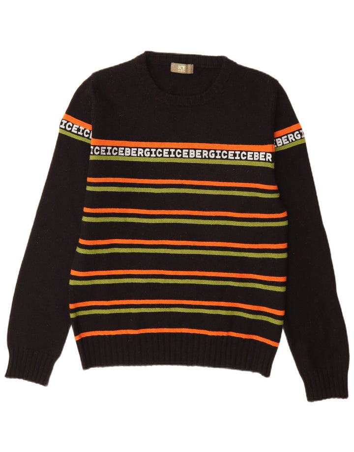 Iceberg Mens Graphic Crew Neck Jumper Sweater Small Black Striped Wool