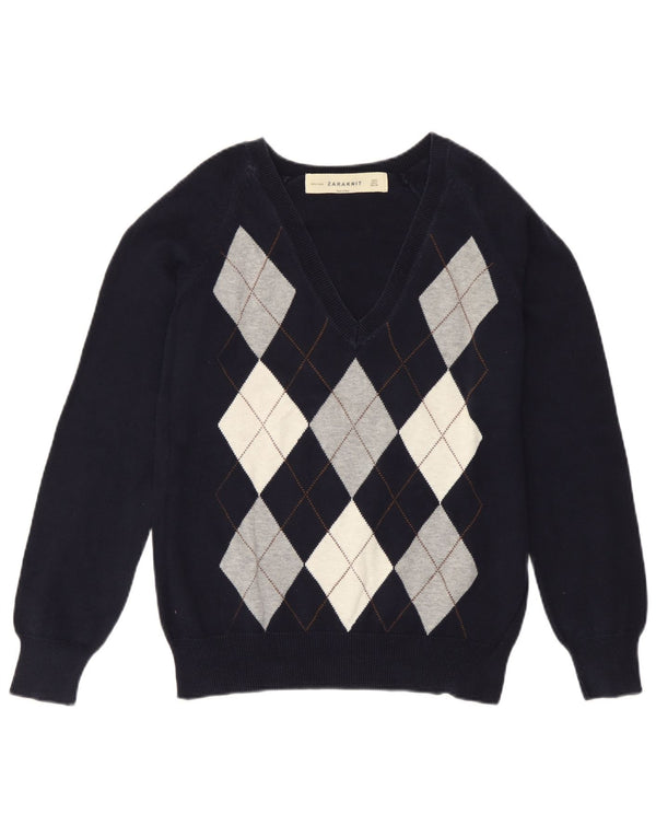 Zara Womens V-Neck Jumper Sweater UK 14 Large Navy Blue Argyle/Diamond