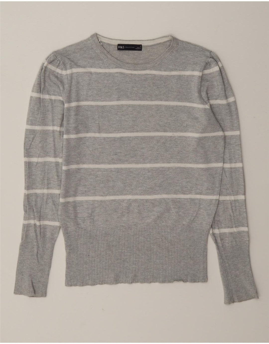 Marks & Spencer Womens Crew Neck Jumper Sweater UK 8 Small Grey Striped