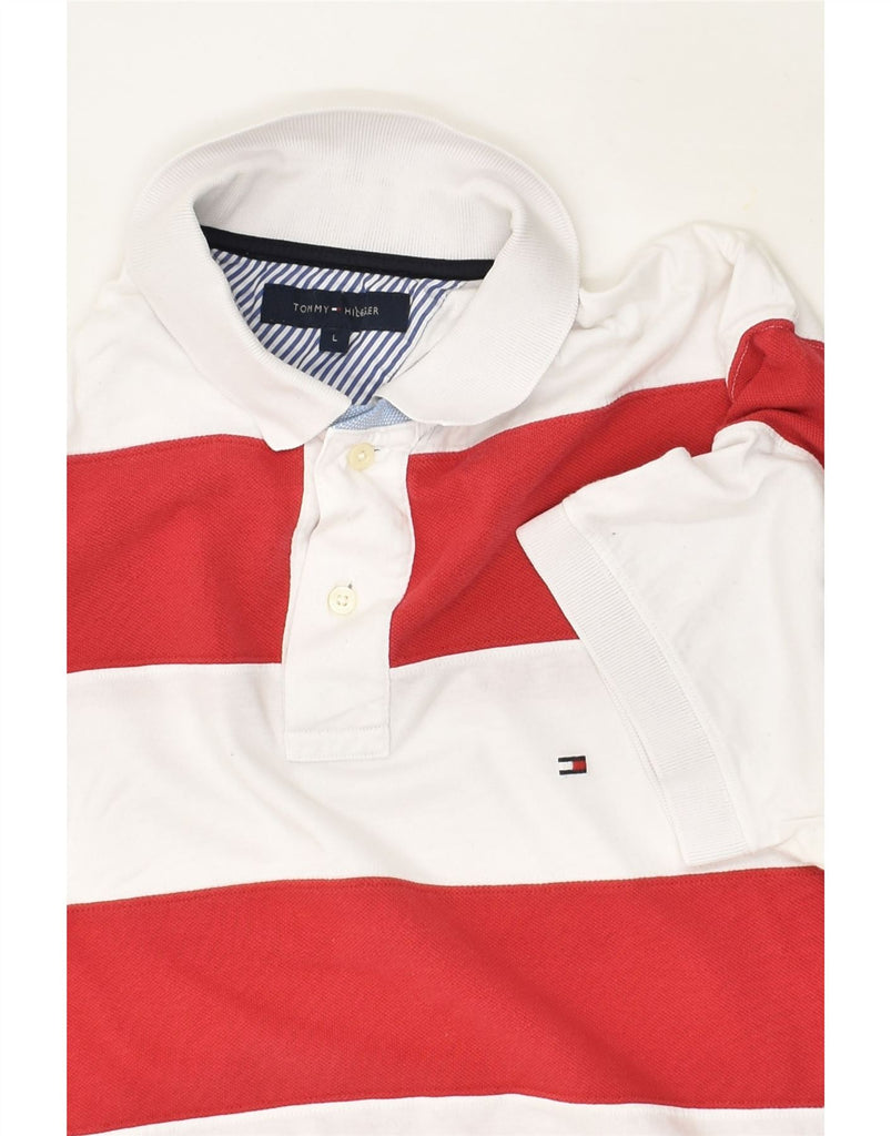 TOMMY HILFIGER Mens Polo Shirt Large Red Colourblock Cotton | Vintage Tommy Hilfiger | Thrift | Second-Hand Tommy Hilfiger | Used Clothing | Messina Hembry 