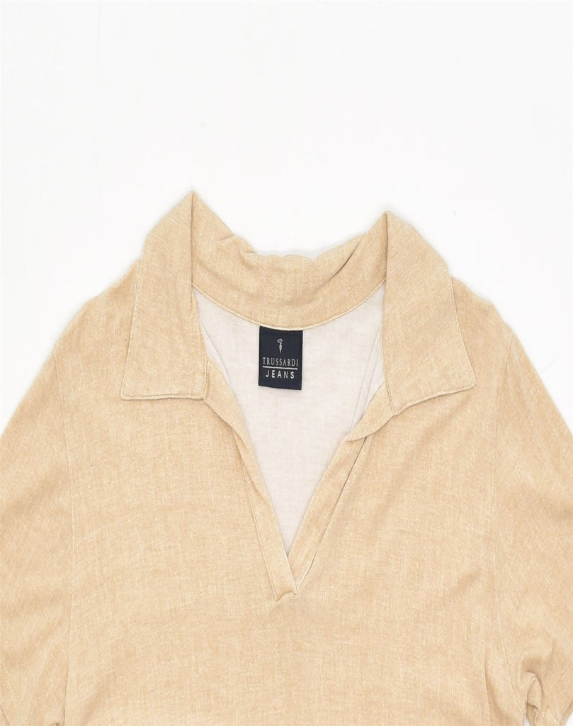 TRUSSARDI Womens Polo Shirt UK 14 Large Beige Viscose | Vintage | Thrift | Second-Hand | Used Clothing | Messina Hembry 