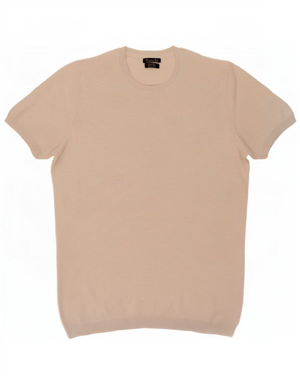 Massimo Dutti Mens Short Sleeve Crew Neck Jumper Sweater Large Beige Cotton