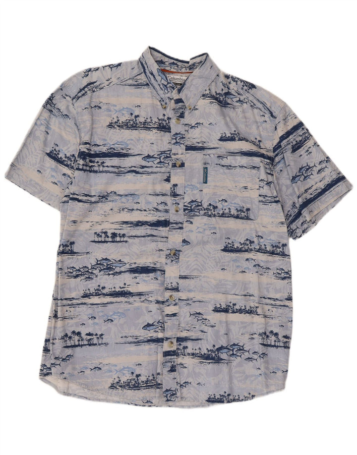 Columbia Mens Abstract Pattern Short Sleeve Shirt Medium Blue Cotton
