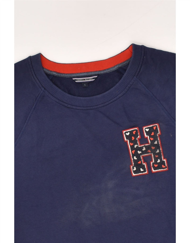 TOMMY HILFIGER Womens Graphic T-Shirt Top UK 16 Large Navy Blue Cotton | Vintage Tommy Hilfiger | Thrift | Second-Hand Tommy Hilfiger | Used Clothing | Messina Hembry 