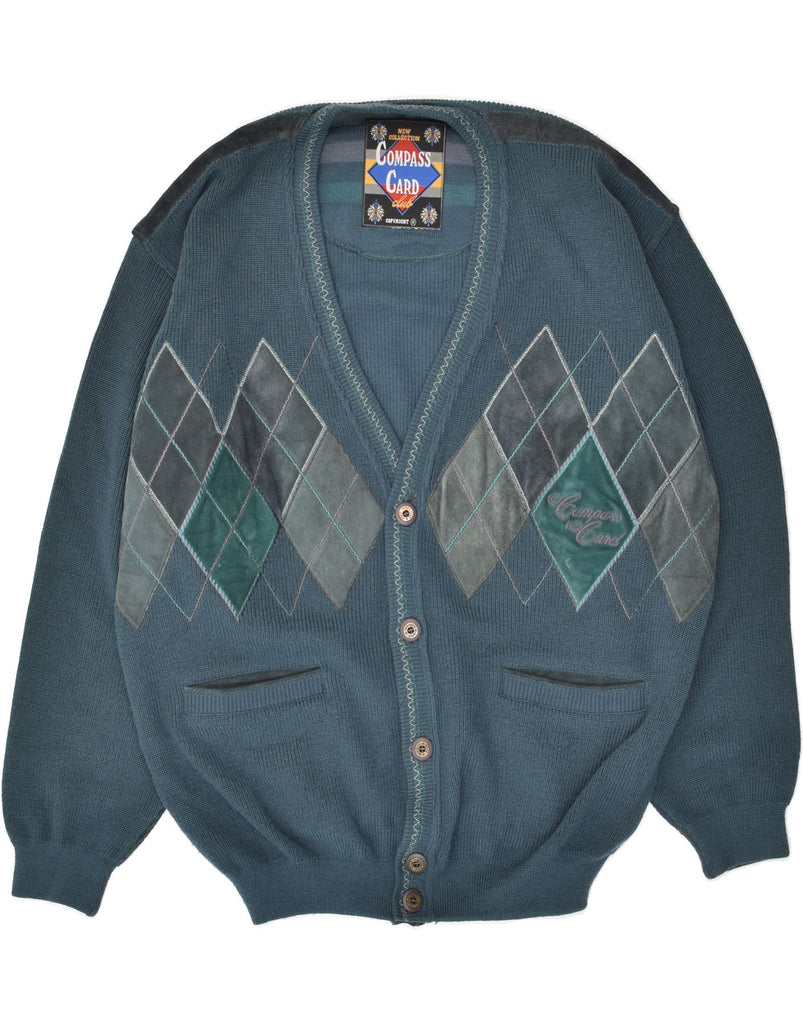 COMPASS CARD Mens Cardigan Sweater IT 50 Medium Blue Argyle/Diamond Wool | Vintage COMPASS CARD | Thrift | Second-Hand COMPASS CARD | Used Clothing | Messina Hembry 