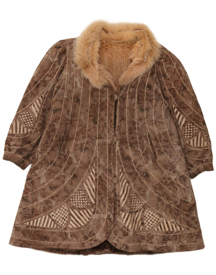 VINTAGE Womens Faux Fur Reversible Overcoat UK 18 XL Brown Floral