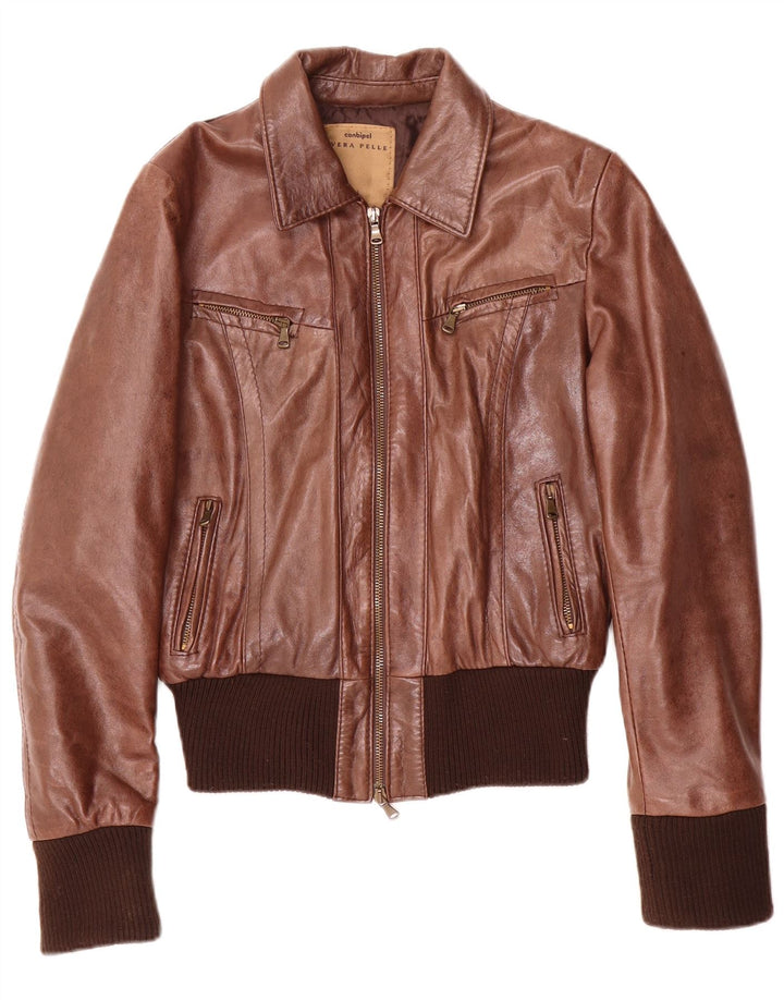 Conbipel Womens Bomber Leather Jacket IT 44 Medium Brown