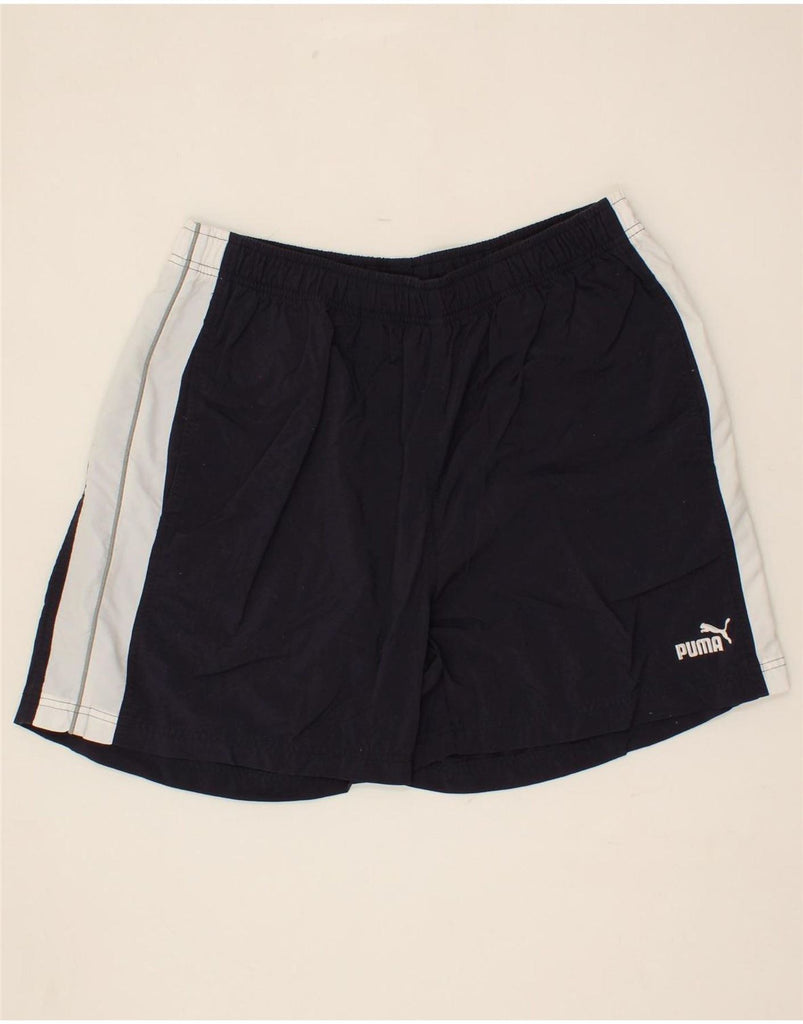 PUMA Mens Graphic Sport Shorts Large Navy Blue Colourblock Polyester Vintage Puma and Second-Hand Puma from Messina Hembry 