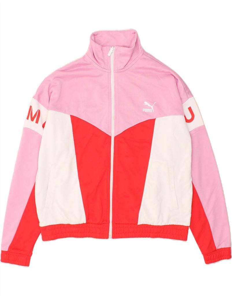 PUMA Womens Graphic Tracksuit Top Jacket UK 18 XL Pink Colourblock Cotton | Vintage Puma | Thrift | Second-Hand Puma | Used Clothing | Messina Hembry 