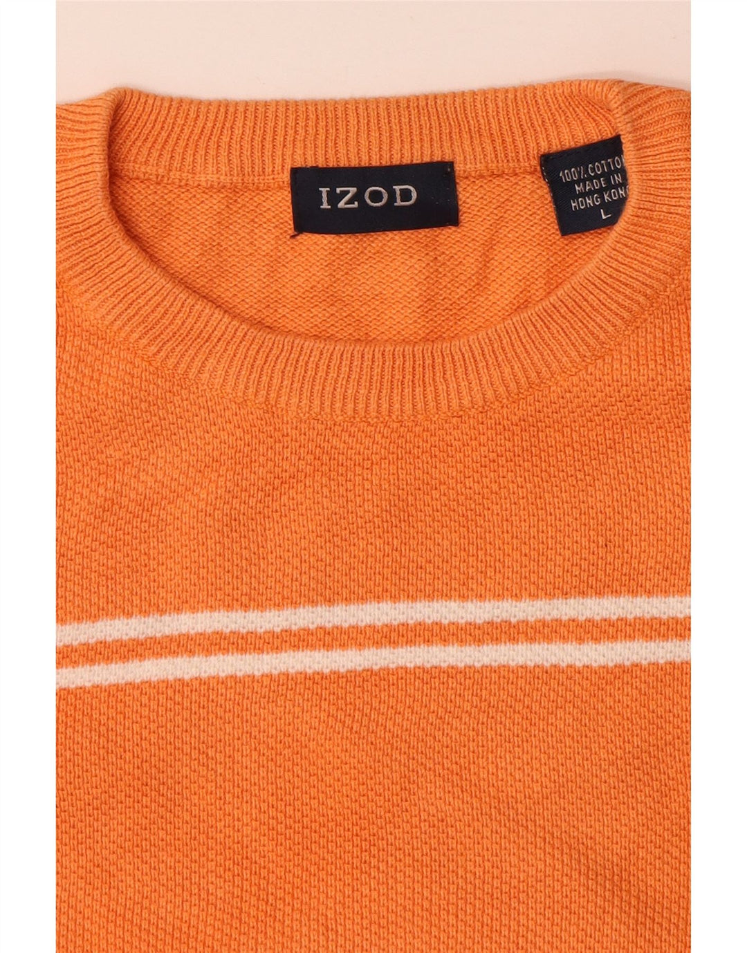 IZOD Mens Crew Neck Jumper Sweater Large Orange Striped Cotton