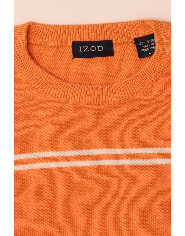 IZOD Mens Crew Neck Jumper Sweater Large Orange Striped Cotton