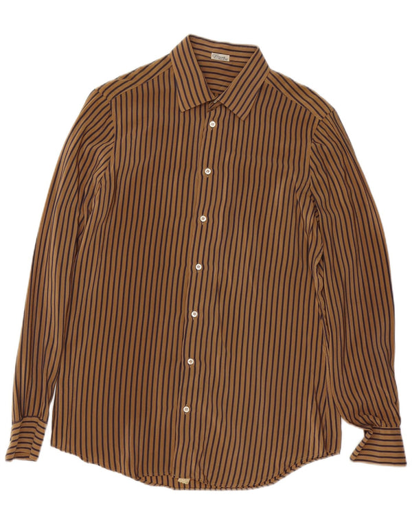 TORRAS Mens Shirt Size 38 Medium Brown Pinstripe Silk