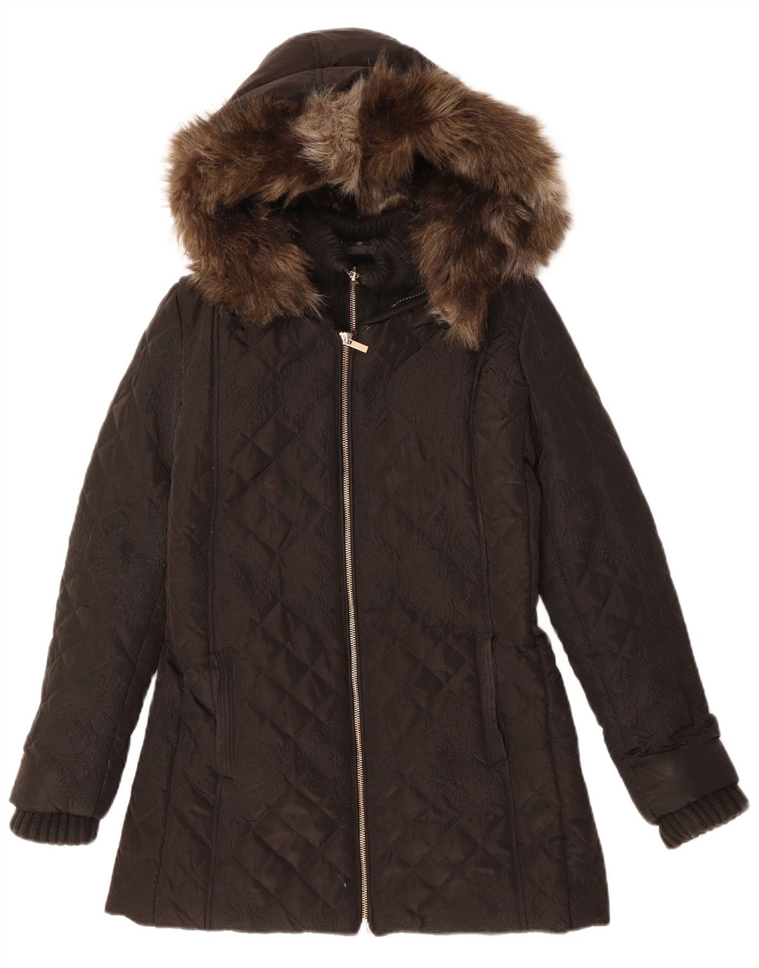 DESIGUAL Womens Hooded Quilted Padded Jacket EU 38 Medium Black Paisley