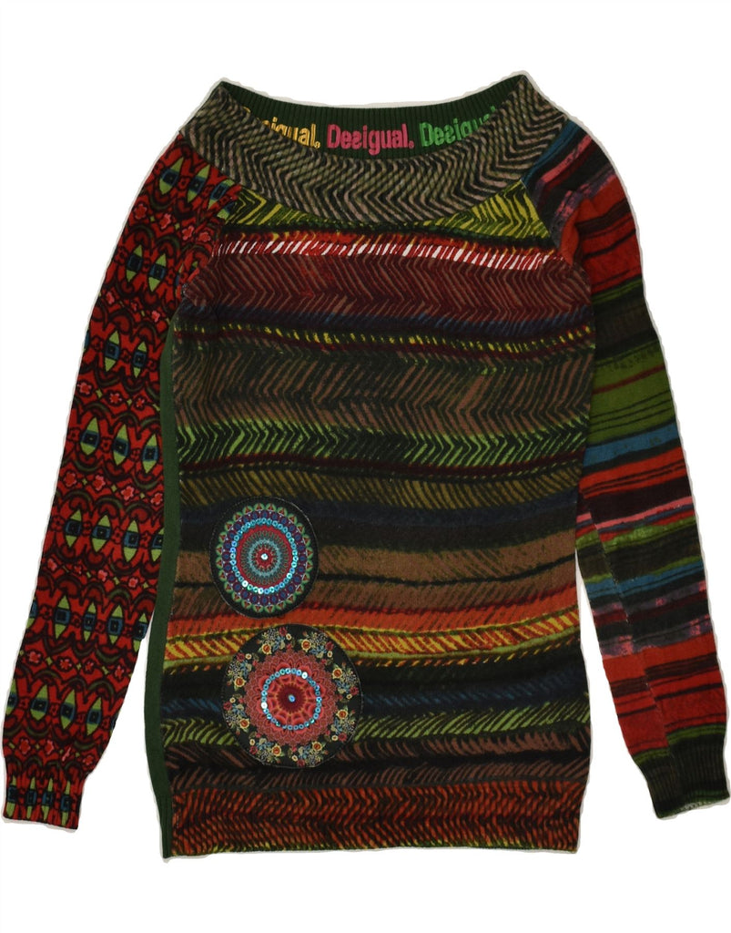 DESIGUAL Womens Boat Neck Jumper Sweater UK 10 Small Green Patchwork | Vintage Desigual | Thrift | Second-Hand Desigual | Used Clothing | Messina Hembry 