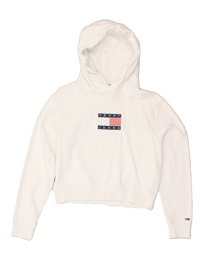 TOMMY HILFIGER Womens Crop Hoodie Jumper UK 6 XS White Cotton | Vintage Tommy Hilfiger | Thrift | Second-Hand Tommy Hilfiger | Used Clothing | Messina Hembry 