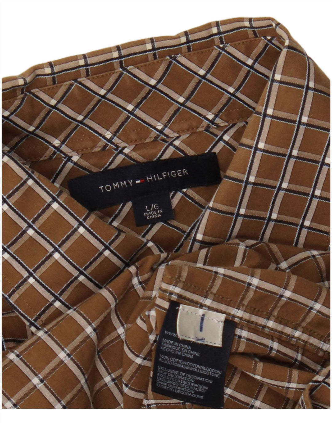 TOMMY HILFIGER Mens Short Sleeve Shirt Large Brown Check Cotton
