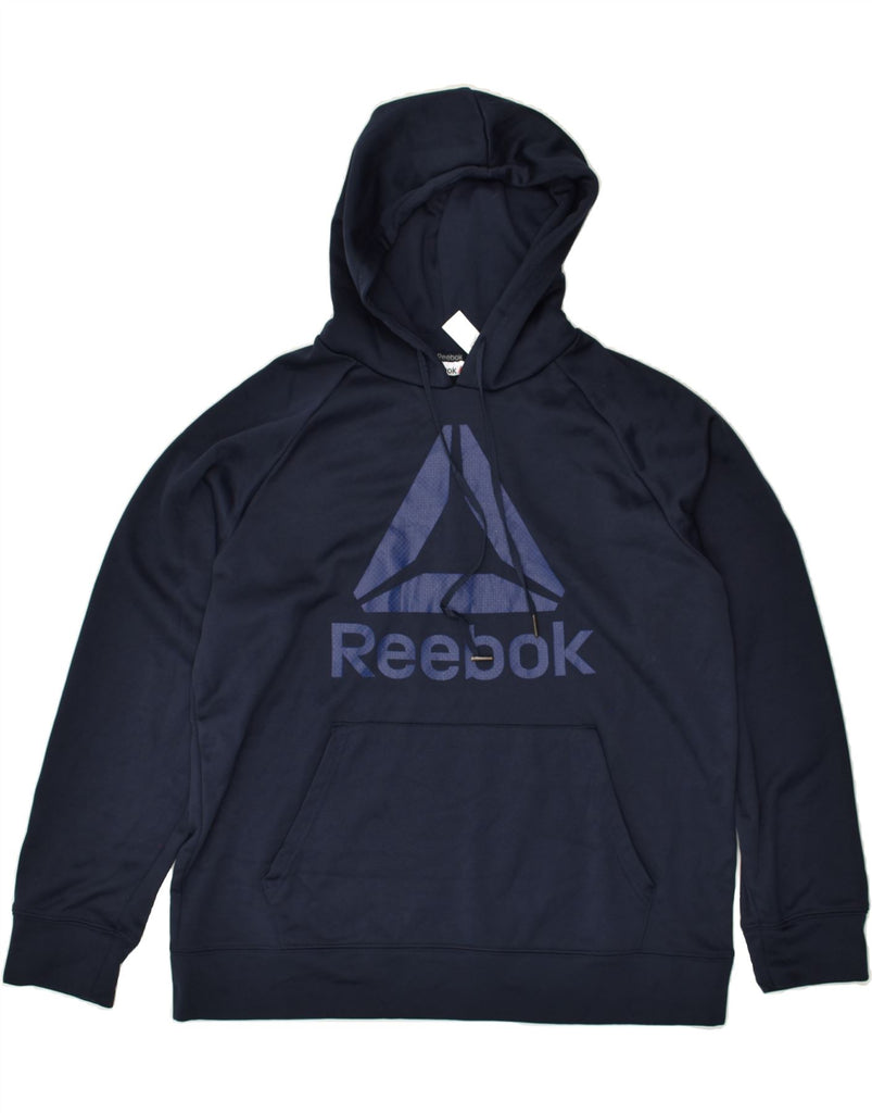 REEBOK Mens Graphic Hoodie Jumper Large Navy Blue Polyester | Vintage Reebok | Thrift | Second-Hand Reebok | Used Clothing | Messina Hembry 