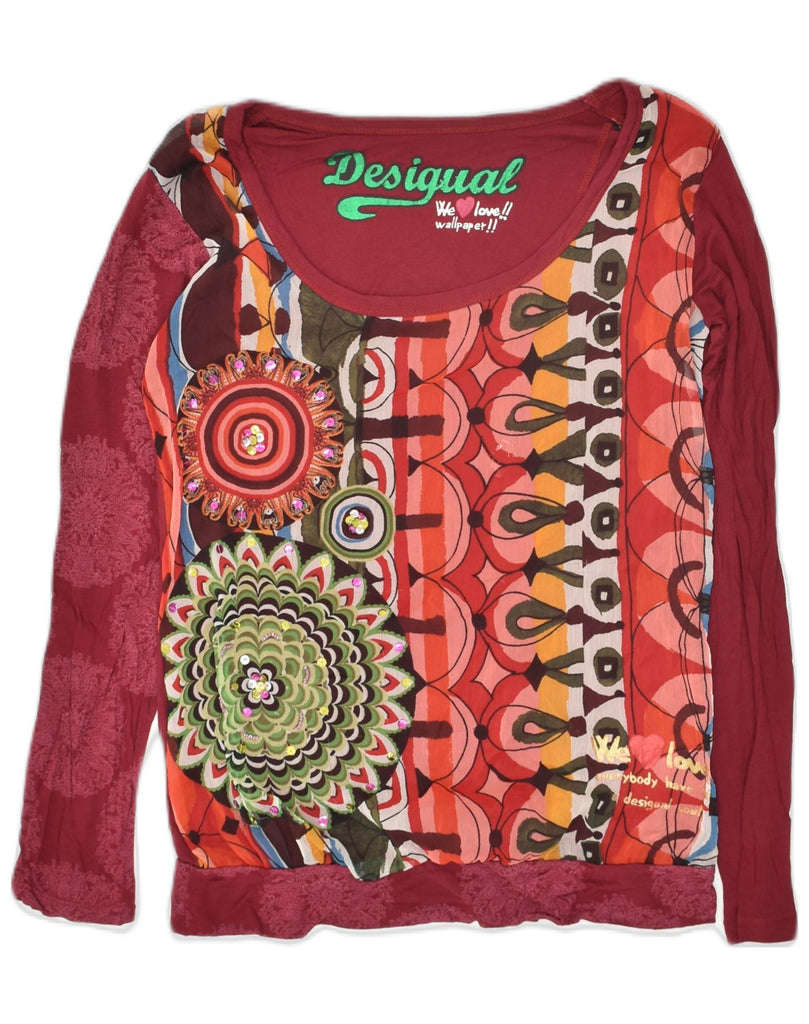 DESIGUAL Womens Graphic Top Long Sleeve UK 12 Medium Burgundy Ikat Cotton | Vintage Desigual | Thrift | Second-Hand Desigual | Used Clothing | Messina Hembry 