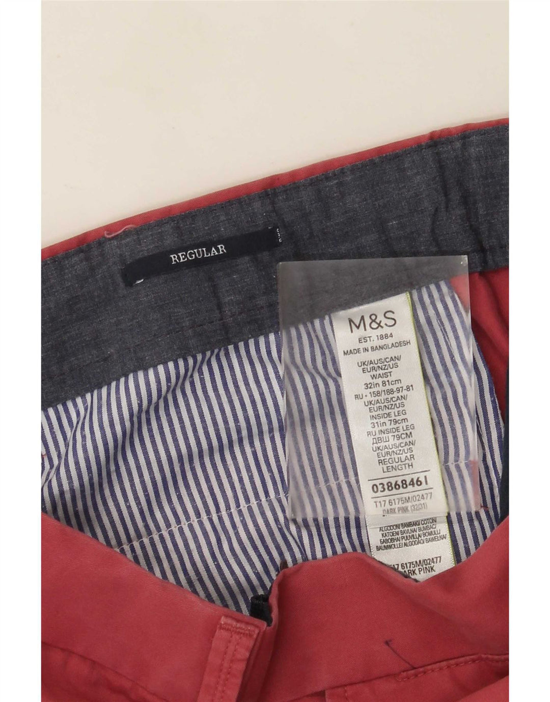 Marks & Spencer Mens Straight Regular Suit Trousers W32 L28 Pink Cotton