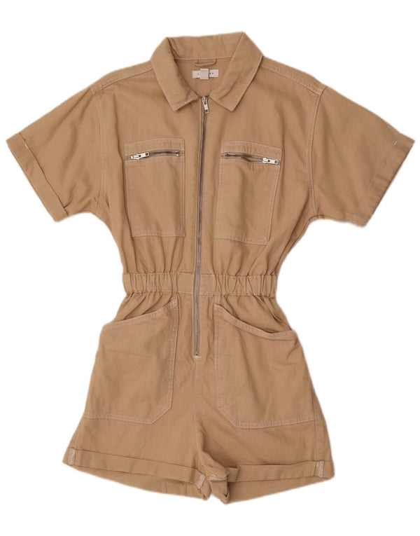 Topshop Womens Short Sleeve Playsuit UK 8 Small Beige Cotton