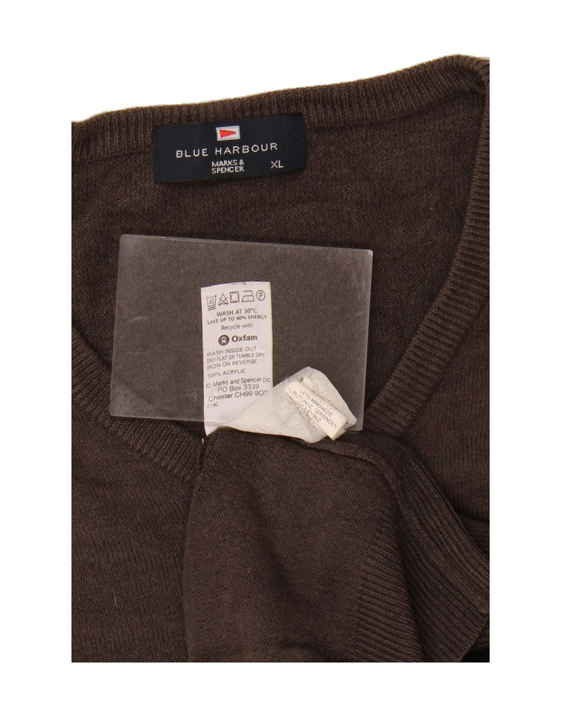 MARKS & SPENCER Mens Blue Harbour V-Neck Jumper Sweater XL Brown Acrylic Vintage Marks & Spencer and Second-Hand Marks & Spencer from Messina Hembry 