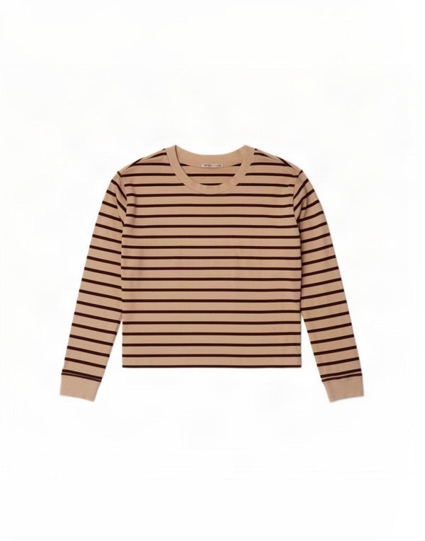 Zara Womens Crop Top Long Sleeve UK 14 Medium Beige Striped Cotton