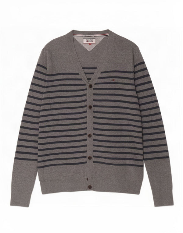 Tommy Hilfiger Mens Cardigan Sweater Medium Grey Striped Cotton