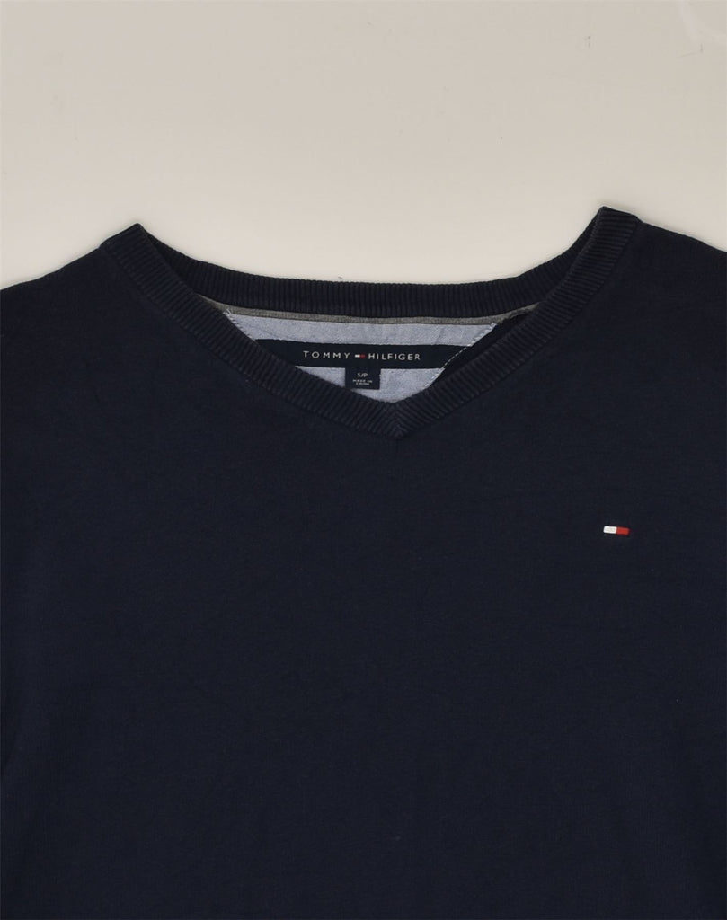 TOMMY HILFIGER Mens V-Neck Jumper Sweater Small Navy Blue Cotton | Vintage Tommy Hilfiger | Thrift | Second-Hand Tommy Hilfiger | Used Clothing | Messina Hembry 