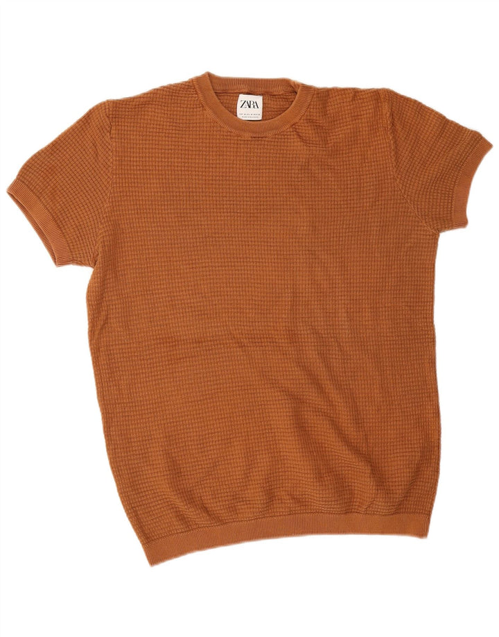 Zara Mens Short Sleeve Crew Neck Jumper Sweater Medium Brown