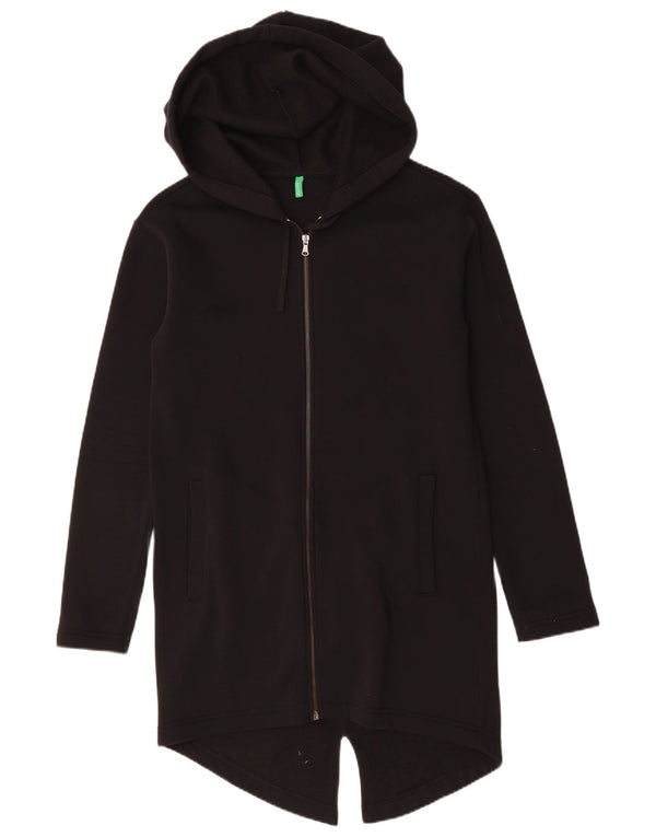Benetton Womens Longline Zip Hoodie Sweater UK 10 Small Black Cotton