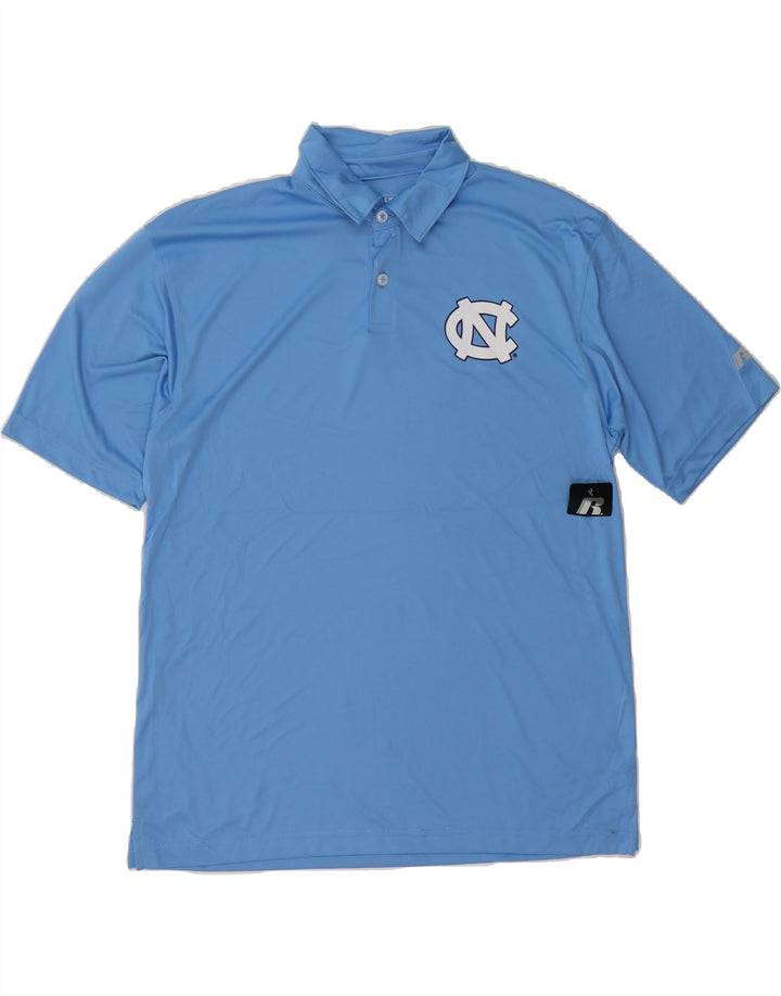 RUSSELL ATHLETIC Mens Graphic Polo Shirt UK 42/44 Large Blue Polyester Vintage Russell Athletic and Second-Hand Russell Athletic from Messina Hembry 