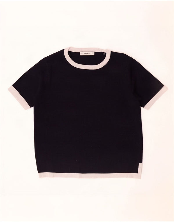 Zara Womens Crop T-Shirt Top UK 10 Small Black Colourblock Viscose
