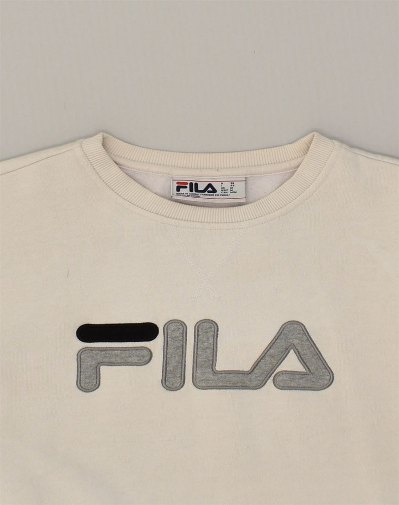 FILA Womens Graphic Sweatshirt Jumper UK 14 Medium White Cotton | Vintage Fila | Thrift | Second-Hand Fila | Used Clothing | Messina Hembry 