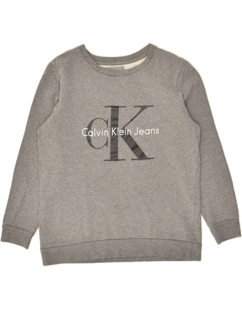 CALVIN KLEIN Womens Oversized Graphic Sweatshirt Jumper UK 6 XS Grey | Vintage Calvin Klein | Thrift | Second-Hand Calvin Klein | Used Clothing | Messina Hembry 