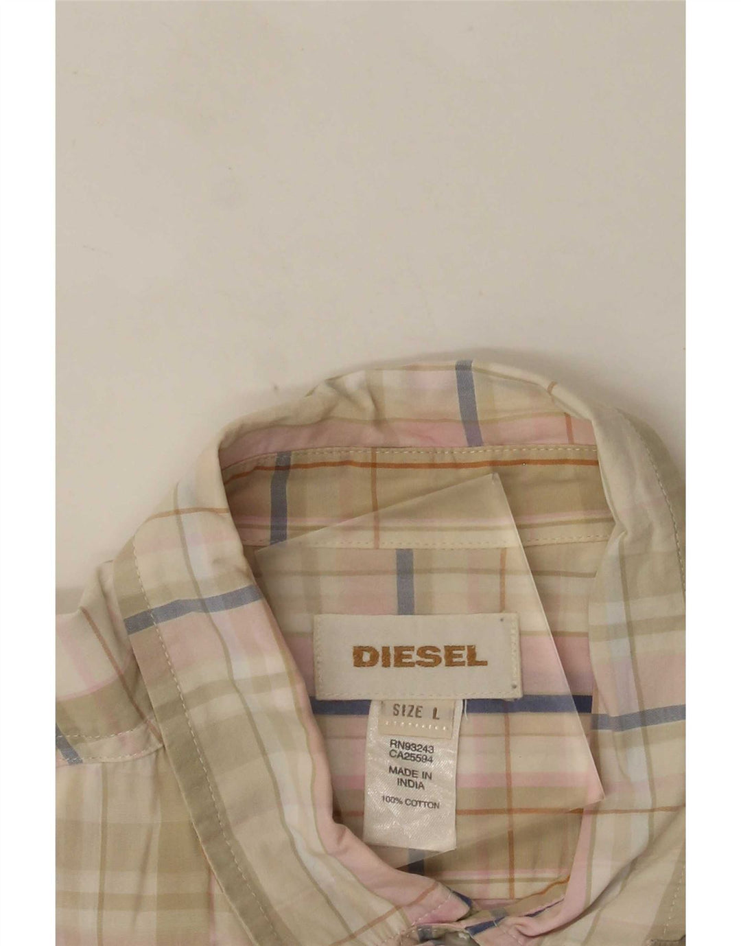 Diesel Mens Short Sleeve Shirt Large Beige Check Cotton
