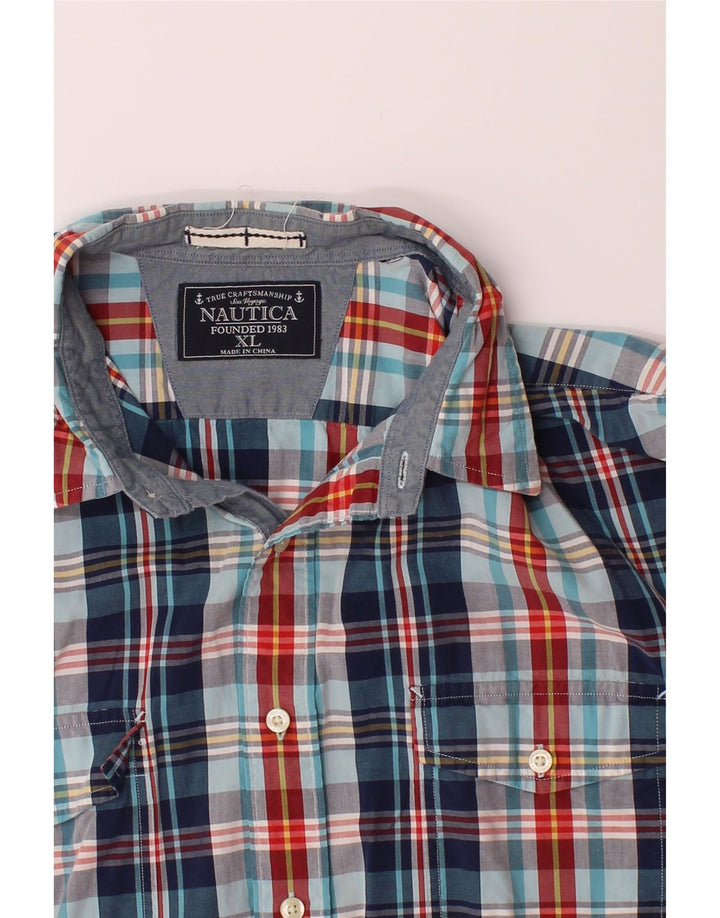 NAUTICA Mens Short Sleeve Shirt XL Navy Blue Check Cotton Vintage Nautica and Second-Hand Nautica from Messina Hembry 