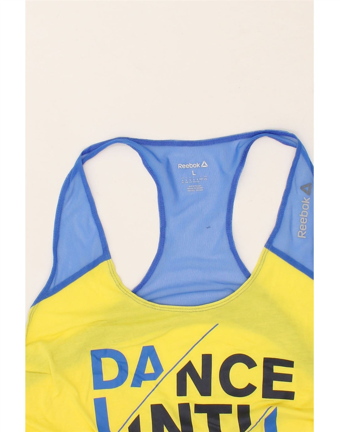 REEBOK Womens Graphic Vest Top UK 14 Large Yellow Colourblock Vintage Reebok and Second-Hand Reebok from Messina Hembry 