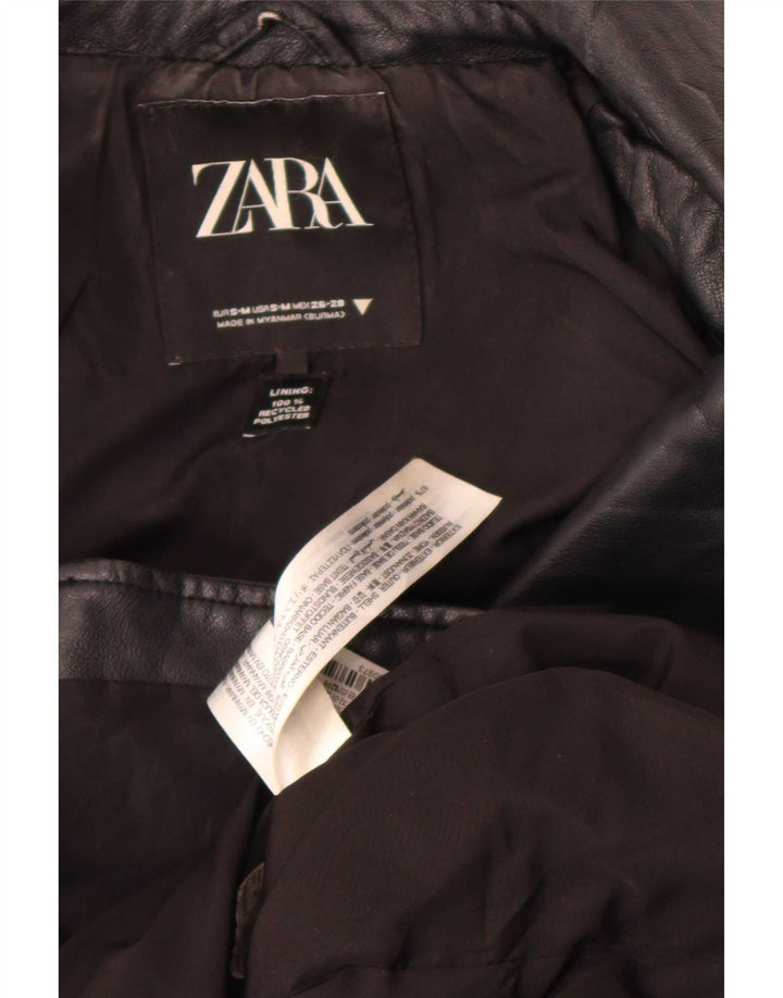 Zara Womens Oversized Faux Leather Biker Jacket UK 10 Small Black Polyester