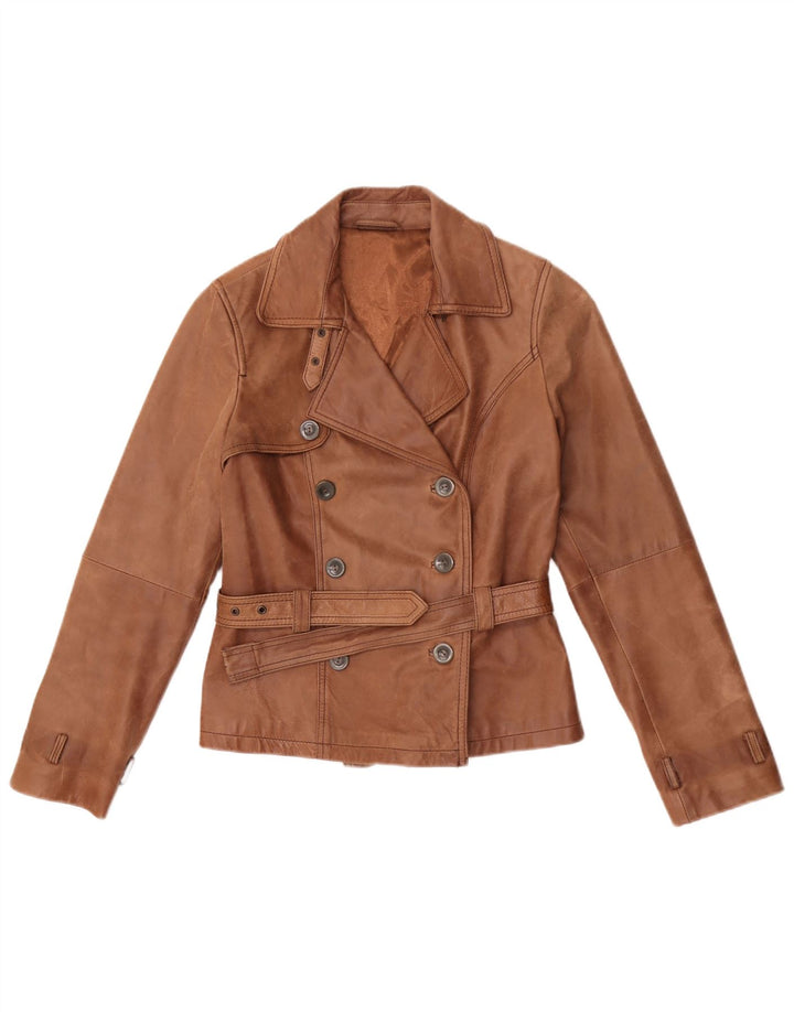 Vintage Womens Double Breasted Leather Jacket UK 10 Small Brown