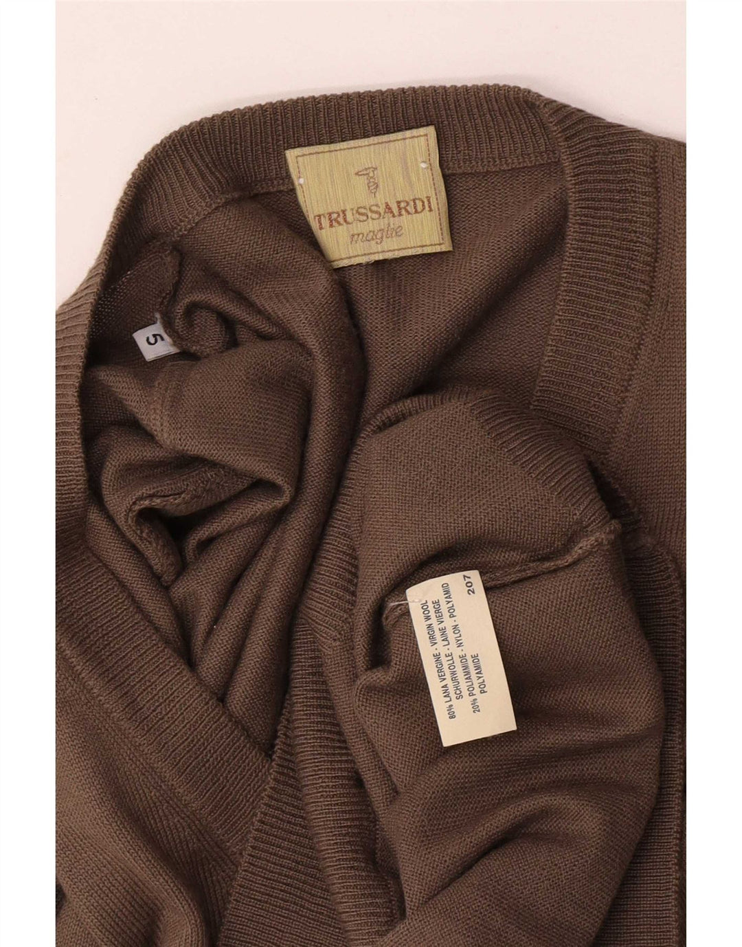 Trussardi Mens V-Neck Jumper Sweater Large Brown Virgin Wool