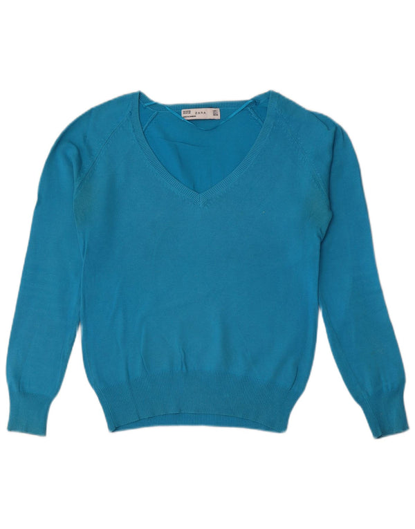 Zara Womens Crop V-Neck Jumper Sweater UK 10 Small Blue Cotton