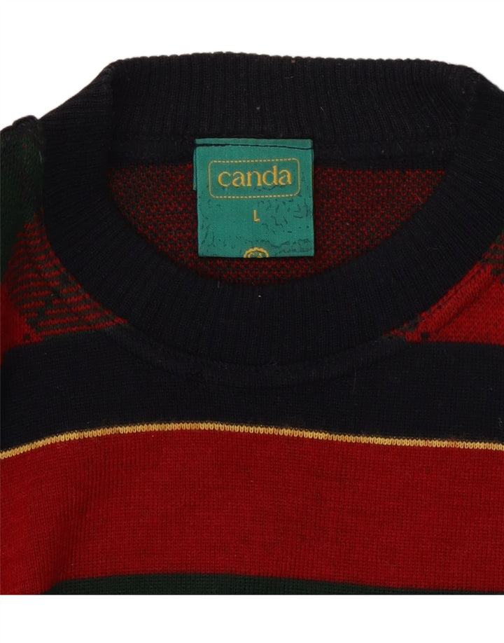 CANDA Mens Crew Neck Jumper Sweater Large Multicoloured Striped Acrylic