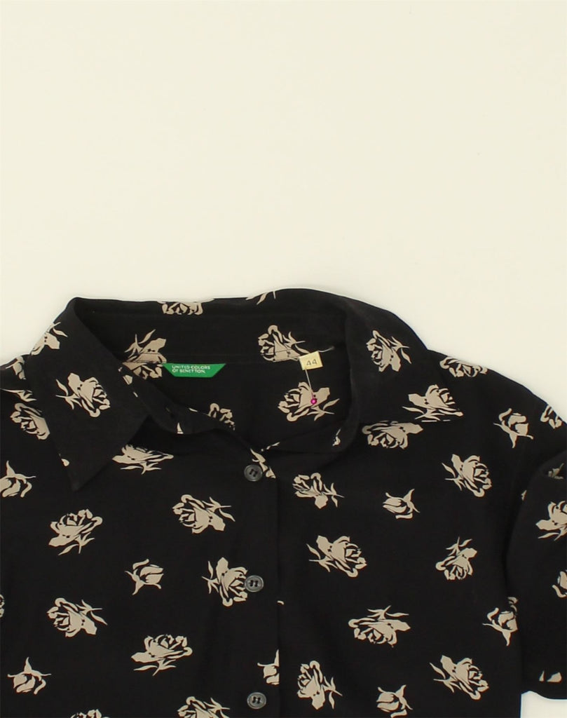 UNITED COLORS OF BENETTON Womens Shirt IT 44 Medium Black Floral Polyester | Vintage United Colors of Benetton | Thrift | Second-Hand United Colors of Benetton | Used Clothing | Messina Hembry 