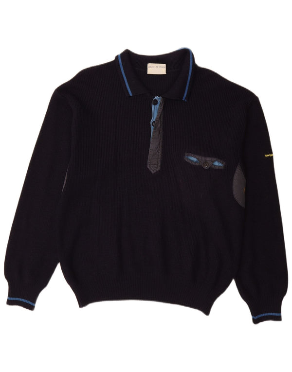 NAVIGARE Mens Polo Neck Jumper Sweater Large Navy Blue Wool