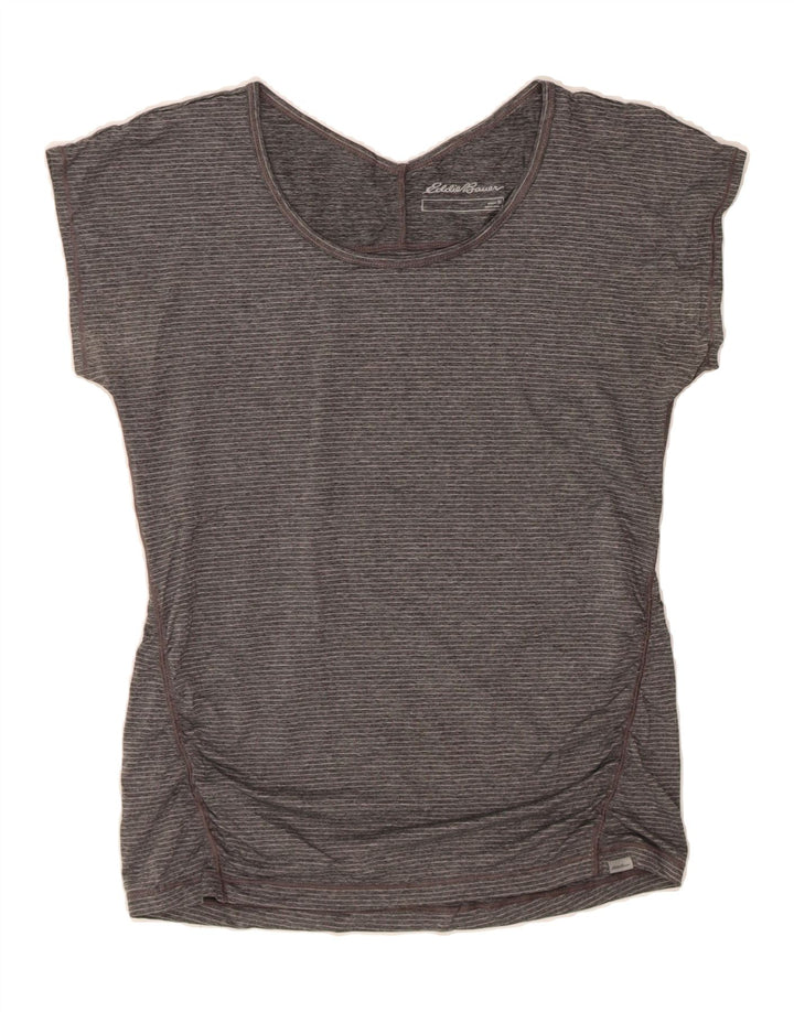 EDDIE BAUER Womens T-Shirt Top UK 14 Medium Grey Striped Polyester Vintage Eddie Bauer and Second-Hand Eddie Bauer from Messina Hembry 
